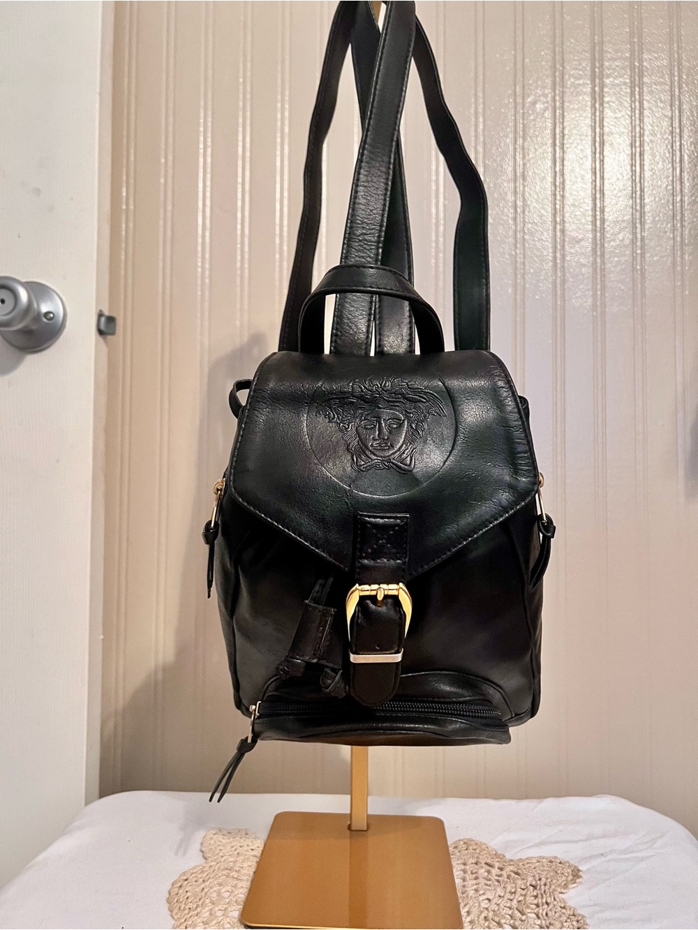 Versace Black Leather Backpack with Embossed Medusa and Gold Hardware